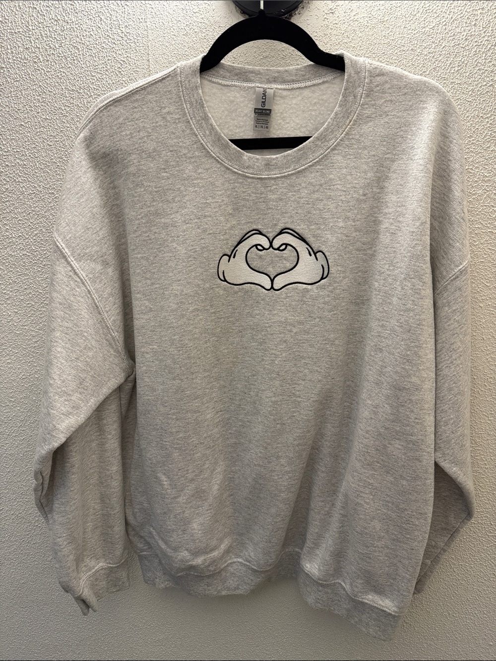 Gildan Gray Crewneck Sweatshirt with Mickey Mouse Heart Hands Embroidery